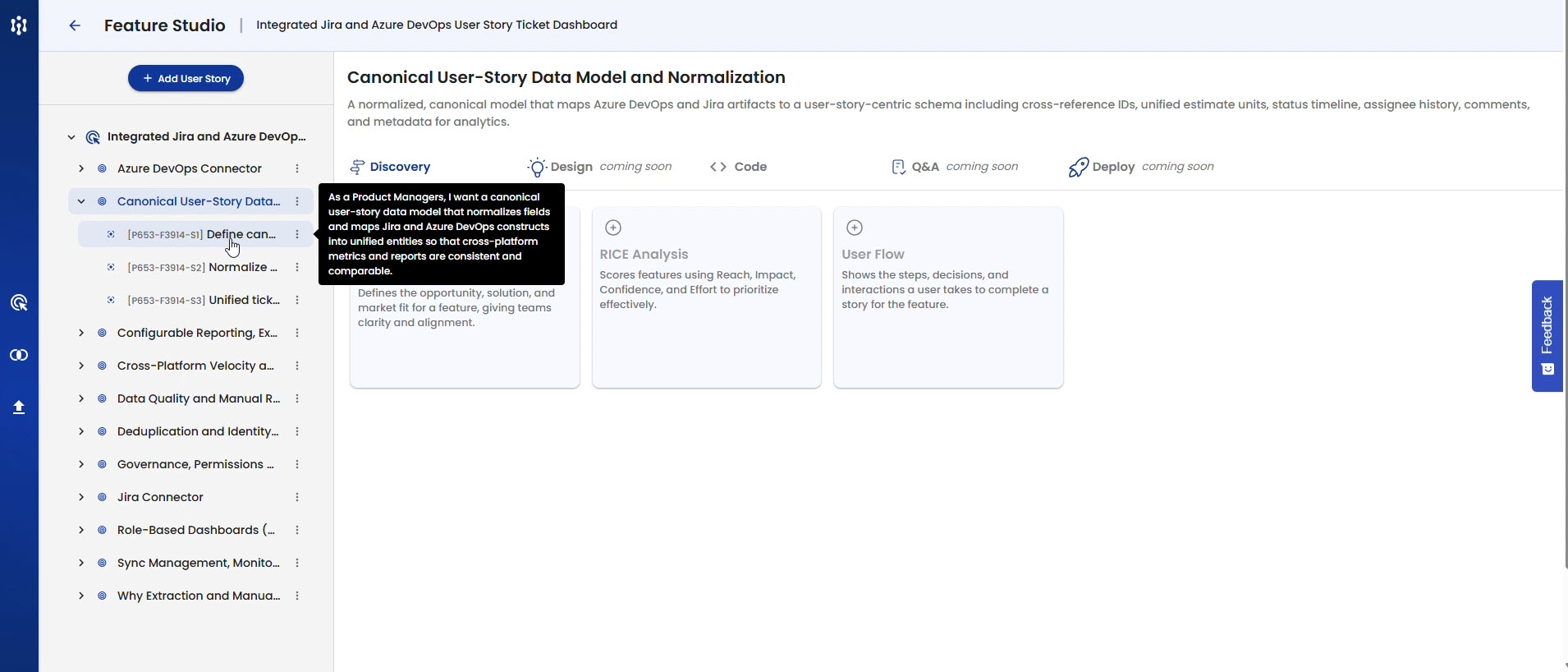 Screenshot of Intelligenic Feature Studio showing the product, feature, and user story hierarchy for Work Product creation.