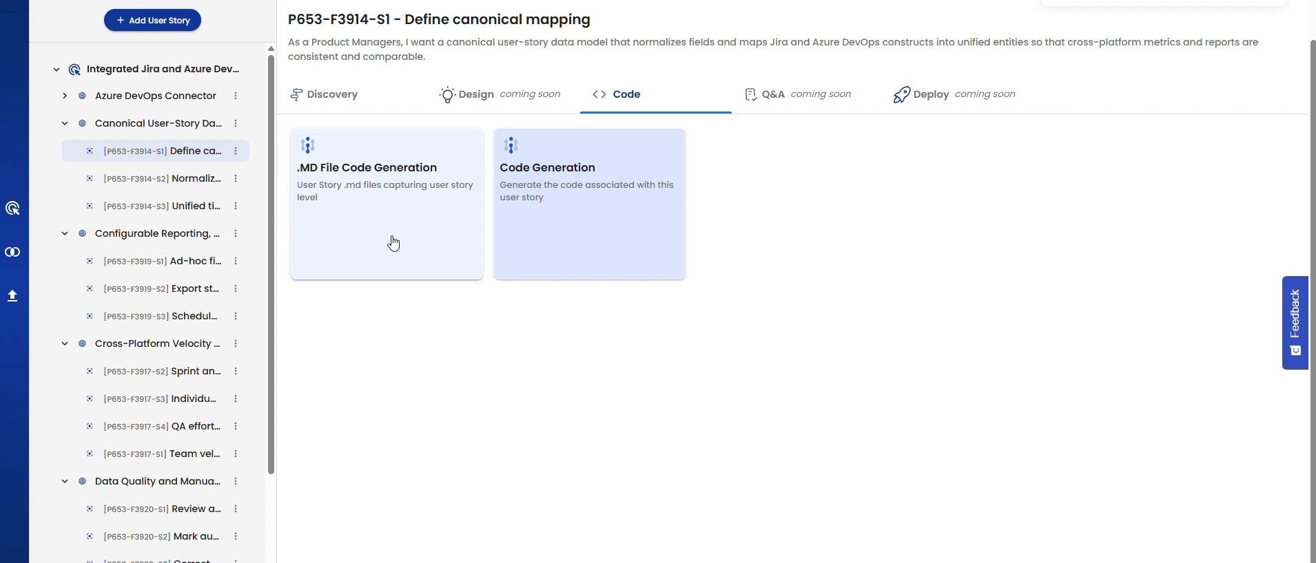 Screenshot of Intelligenic Product Studio showing MD File and Code generation options for a User Story using AI‑powered Spec Coding