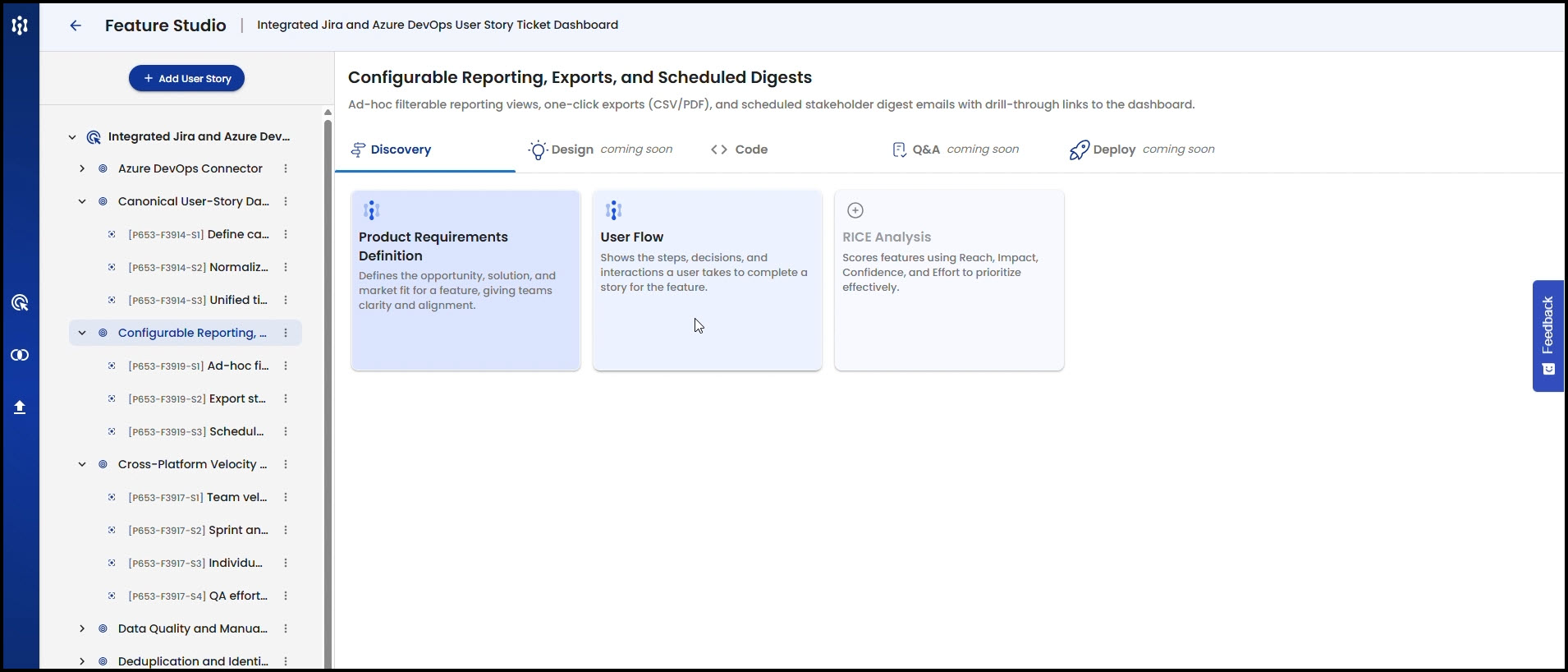 Screenshot of Intelligenic Product Studio generating a User Flow using the Context Mesh for a selected Feature or User Story.